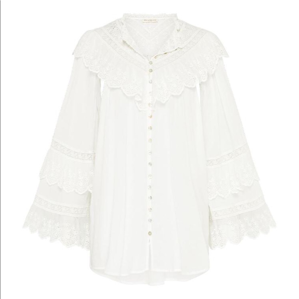 Spell & The Gypsy Collective Ella white Lace Top bell sleeve button blouse M